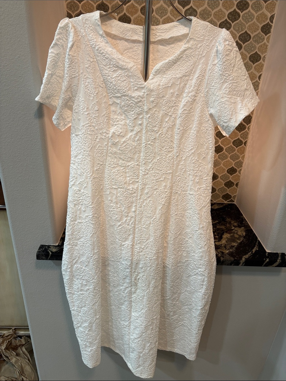 Textured White Short Sleeve V-Notch Dress